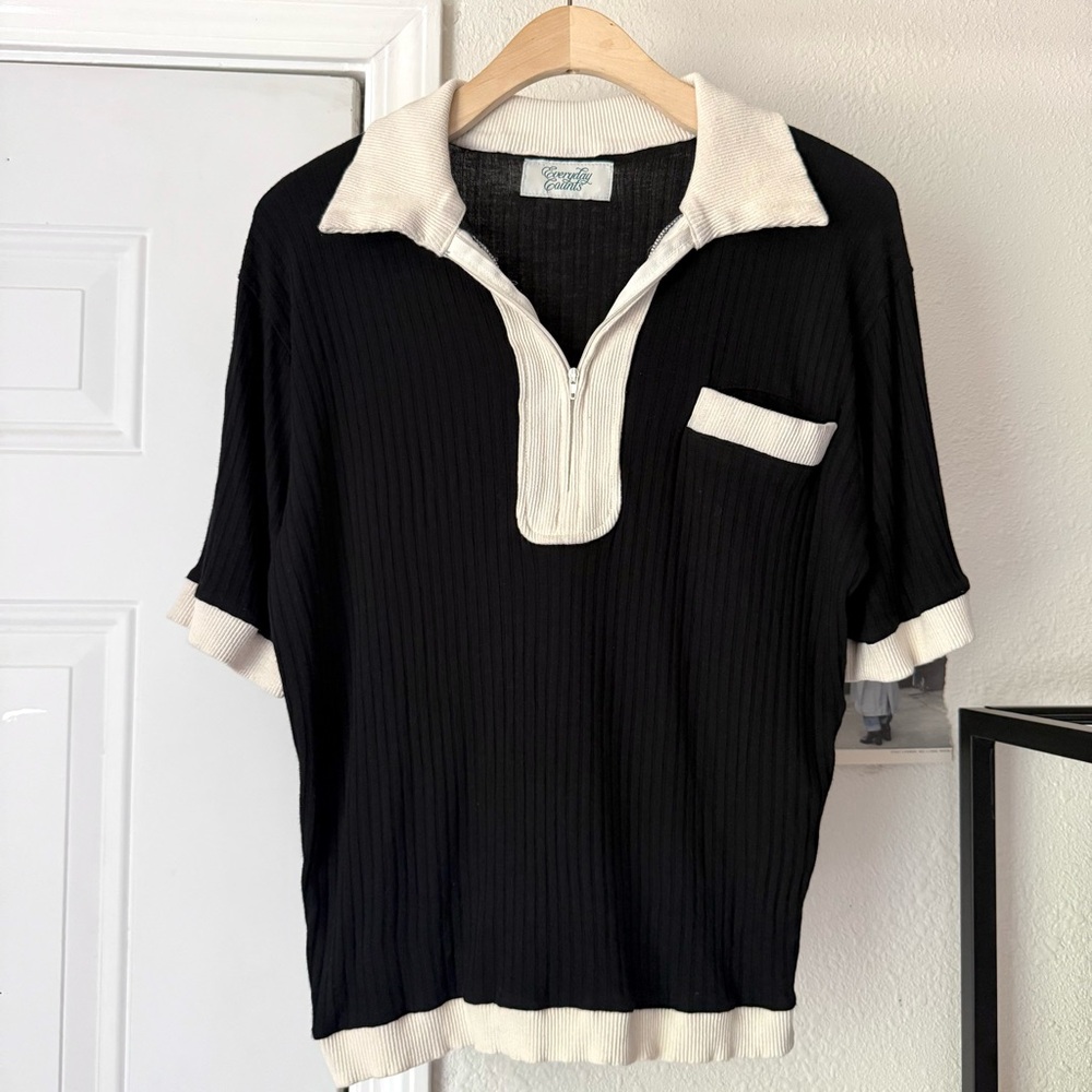 EVERYDAY COUNTS black cream rib ribbed knit boxy cropped polo‎ shirt